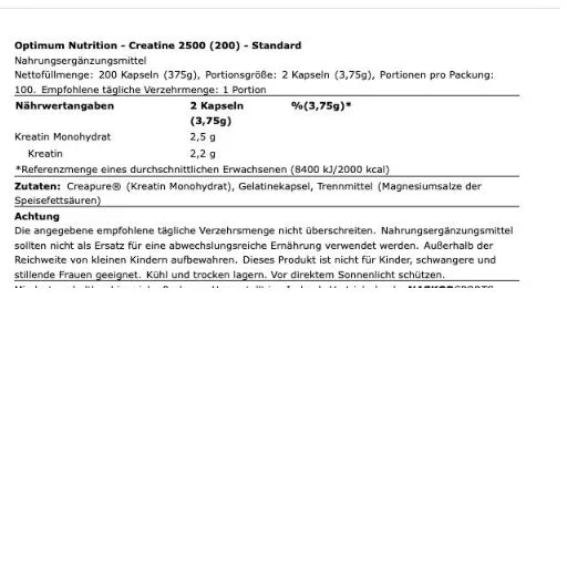 Optimum Nutrition Creatine Creapure - 200 Caps - Reinmark-Shop