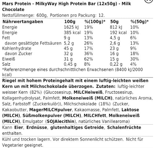 MilkyWay High Protein Bar (12x50g) - Reinmark-Shop
