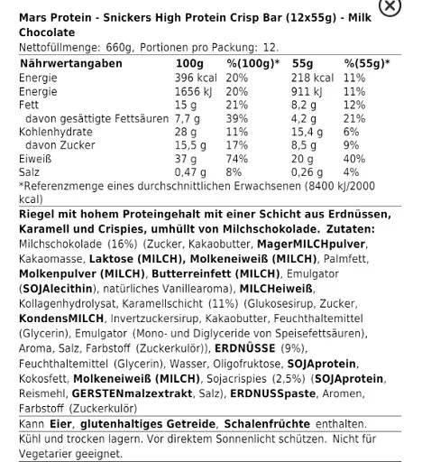 Snickers HI Protein Crisp Bar (12x55g) - Milk Chocolate - Reinmark-Shop